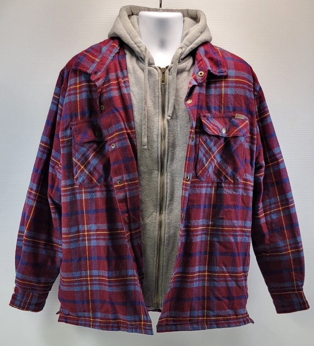 QQ) Vintage Stanley Men Red Plaid Flannel Quilted Lining Shirt Jacket Hoodie XL